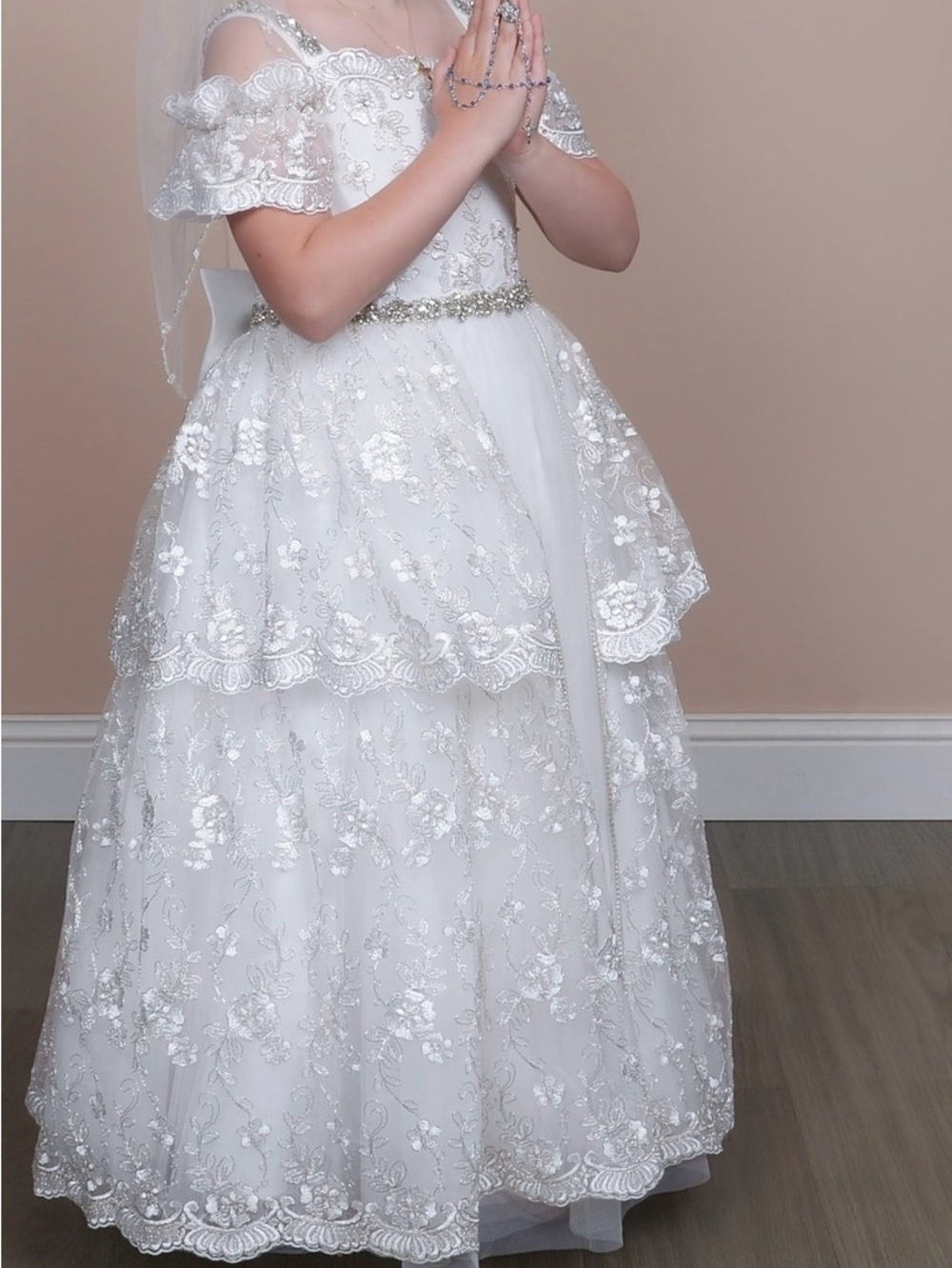 Girls White Lace Off-Shoulder First Communion Dress or flower girl dress